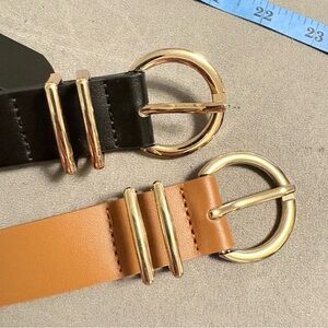 Set of 2 Stylish Black and Tan Belt with Gold Buckle